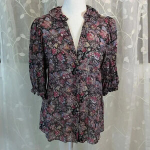 Zara Floral V-Neck Button Down, Ruffle Collar, Size M
